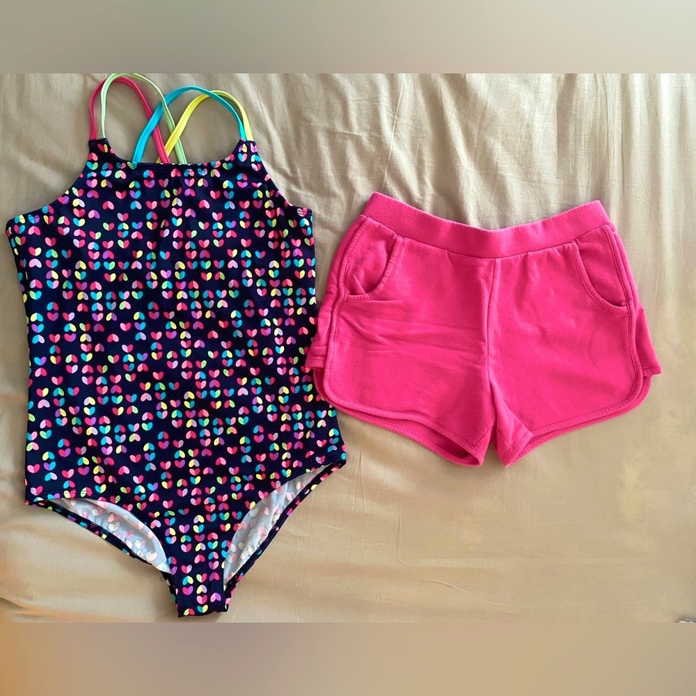 Lands End Girls 14 PLUS Swimsuit Navy Multicolor HEARTS One Piece + Pink Shorts